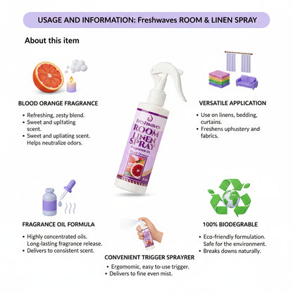 Freshwaves Blood Orange Room & Linen Spray 8.8oz – White Trigger Diffuser Spray Bottle