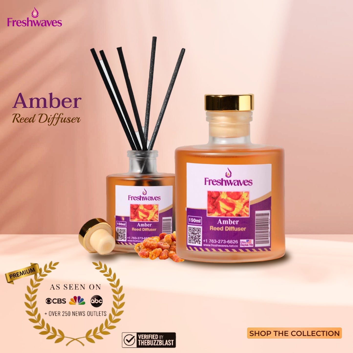 Freshwaves Amber Reed Diffuser 150ml – Luxury Reed Diffuser with Sticks | Best Reed Diffusers
