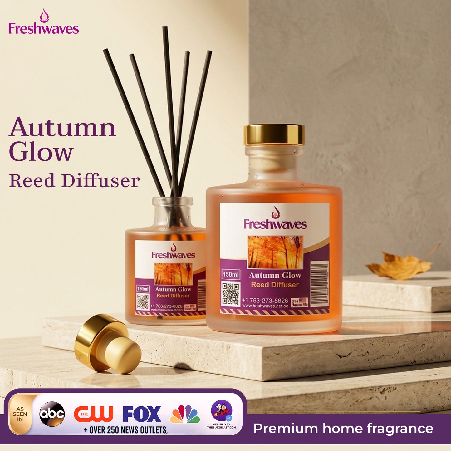 Freshwaves Autumn Glow Reed Diffuser 150ml – Best Reed Diffusers with Elegant Sticks for Home