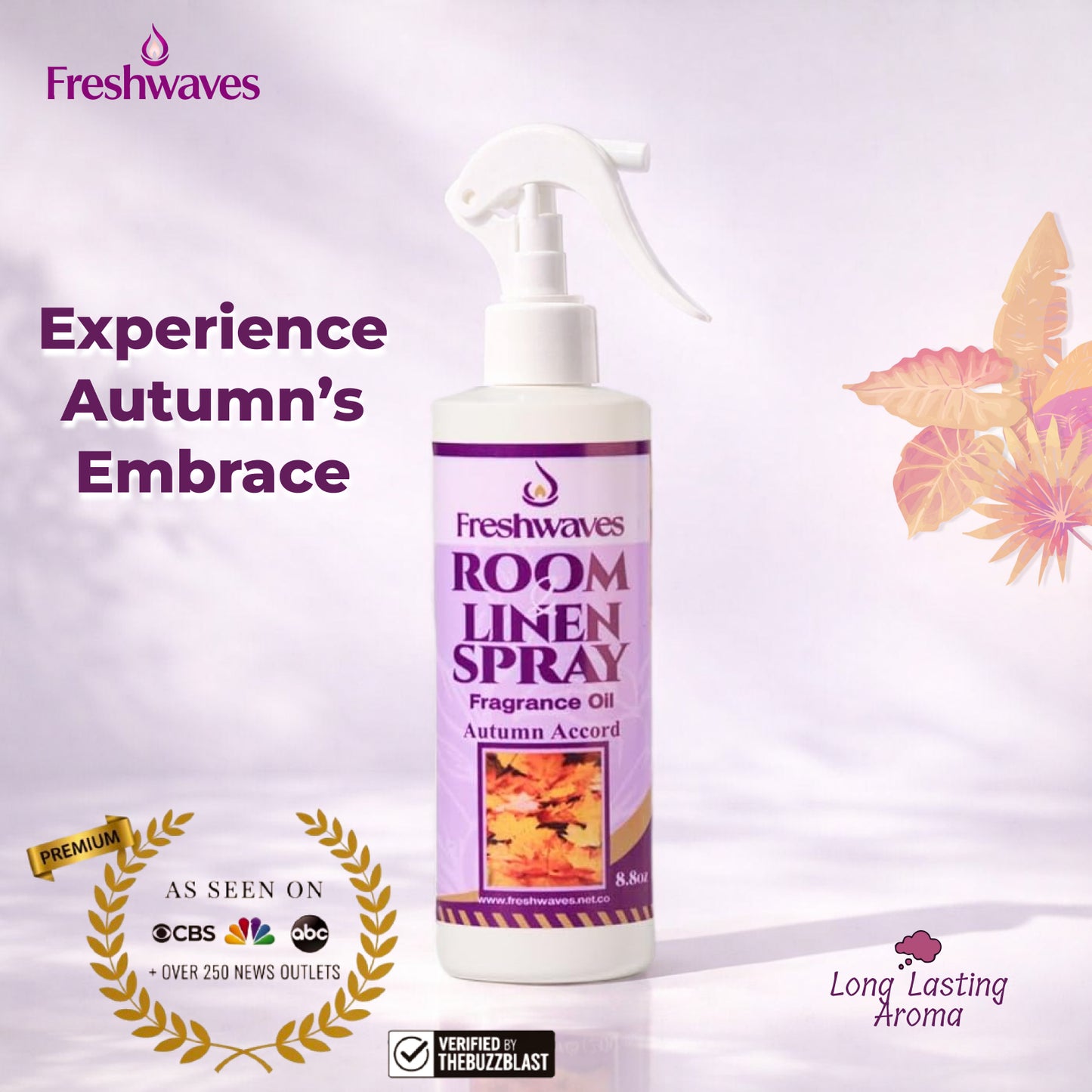 Freshwaves Autumn Accord Room & Linen Spray 8.8oz – White Trigger Diffuser Spray Bottle