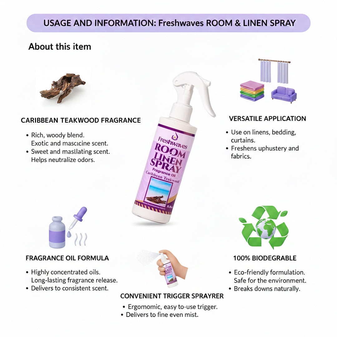Freshwaves Caribbean Teakwood Room & Linen Spray 8.8oz – Luxury Diffuser Spray for Home