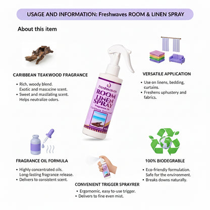 Freshwaves Caribbean Teakwood Room & Linen Spray 8.8oz – Luxury Diffuser Spray for Home