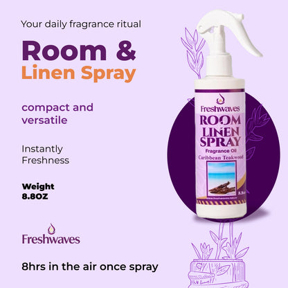 Freshwaves Caribbean Teakwood Room & Linen Spray 8.8oz – Luxury Diffuser Spray for Home