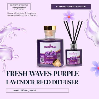 Freshwaves Lavender Reed Diffuser 150ml – Gold Cap & Black Sticks, Best Reed Diffusers for Home