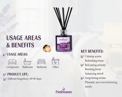 Freshwaves Lavender Reed Diffuser 150ml – Gold Cap & Black Sticks, Best Reed Diffusers for Home