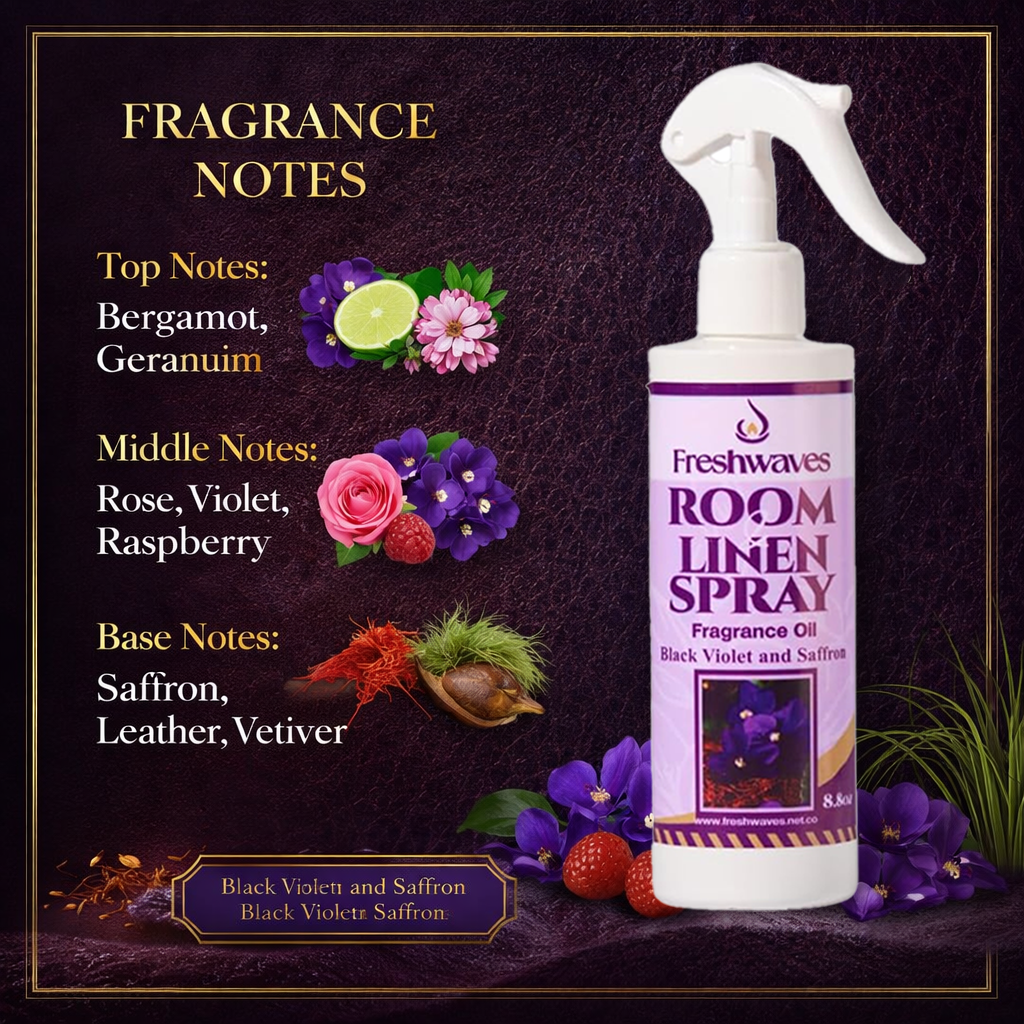 Freshwaves Black Violet & Saffron Room Linen Spray – Diffuser Spray Bottle, Room Spray Diffuser