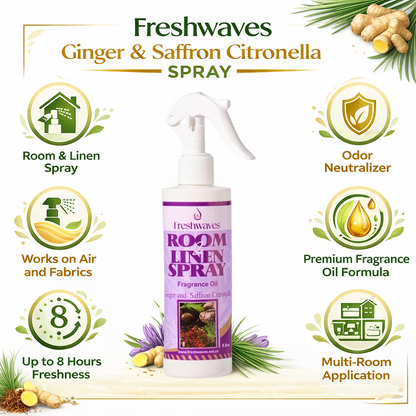 Freshwaves Ginger & Saffron Citronella Room & Linen Spray 8.8oz – Diffuser Spray Bottle
