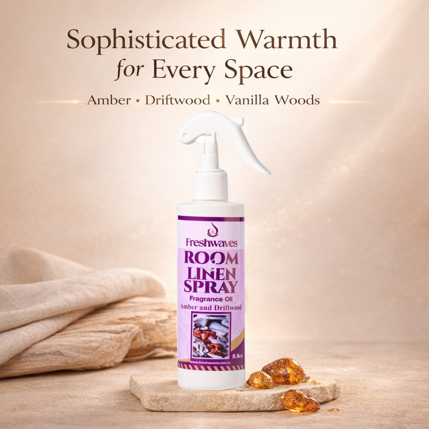 Freshwaves Amber & Driftwood Room & Linen Spray 8.8oz – Diffuser Spray Bottle, Room Freshener
