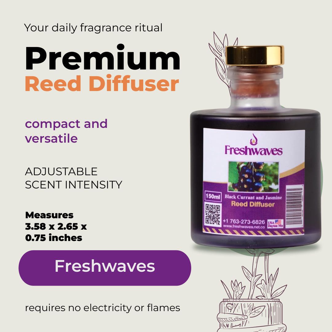Freshwaves Black Currant and Jasmine Diffuser in a sleek glass bottle offers adjustable scent intensity, compact and versa...