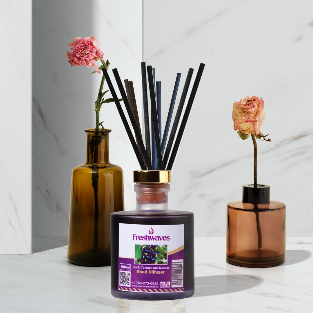 Black Currant and Jasmine Diffuser with sleek black reeds, elegantly designed for a refreshing, aromatic home ambiance.