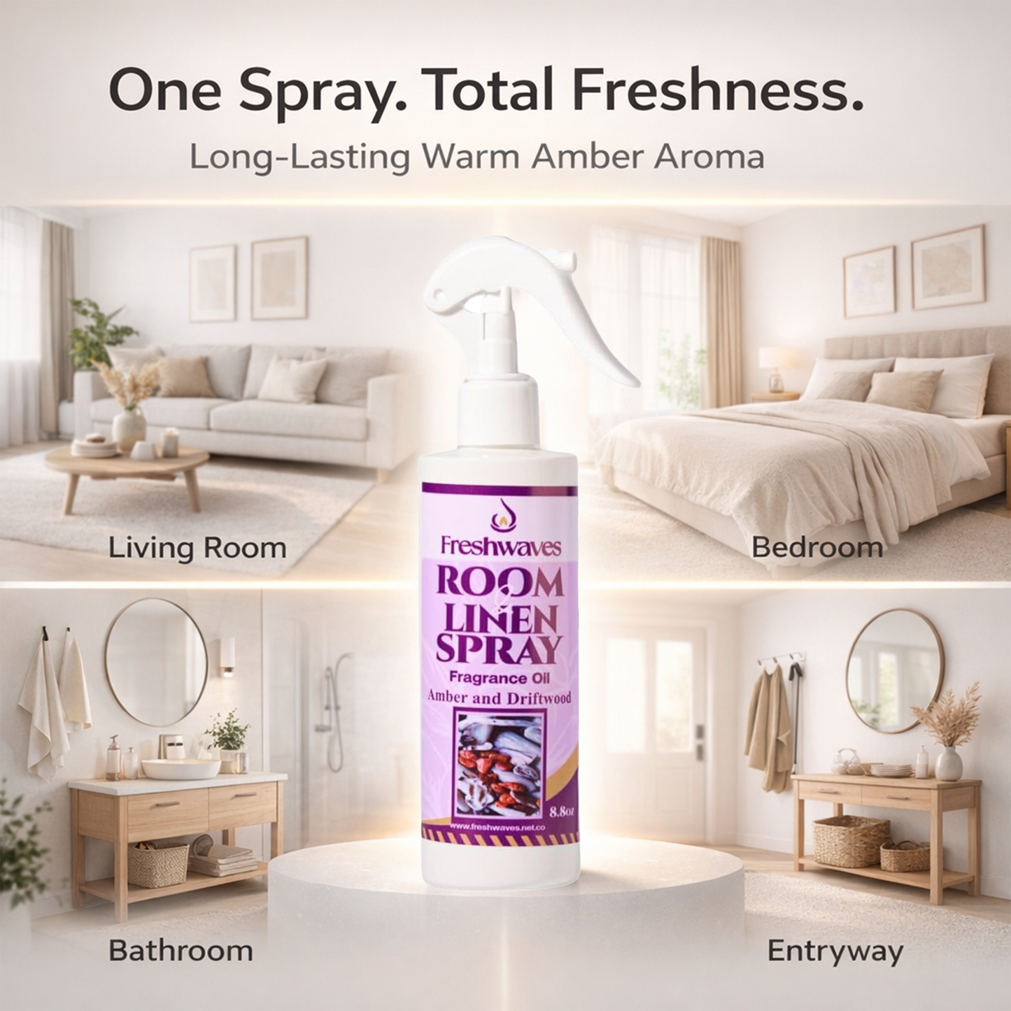 Freshwaves Amber & Driftwood Room & Linen Spray 8.8oz – Diffuser Spray Bottle, Room Freshener